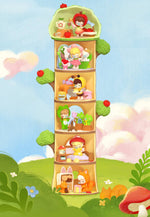 Rolife Nanci Tree House Party blind box collection displayed as six stacked woodland-themed miniature rooms