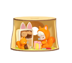 Squirrel-themed Rolife Nanci Tree House Party blind box figure in a tree-trunk room with mirror and wrapped gift