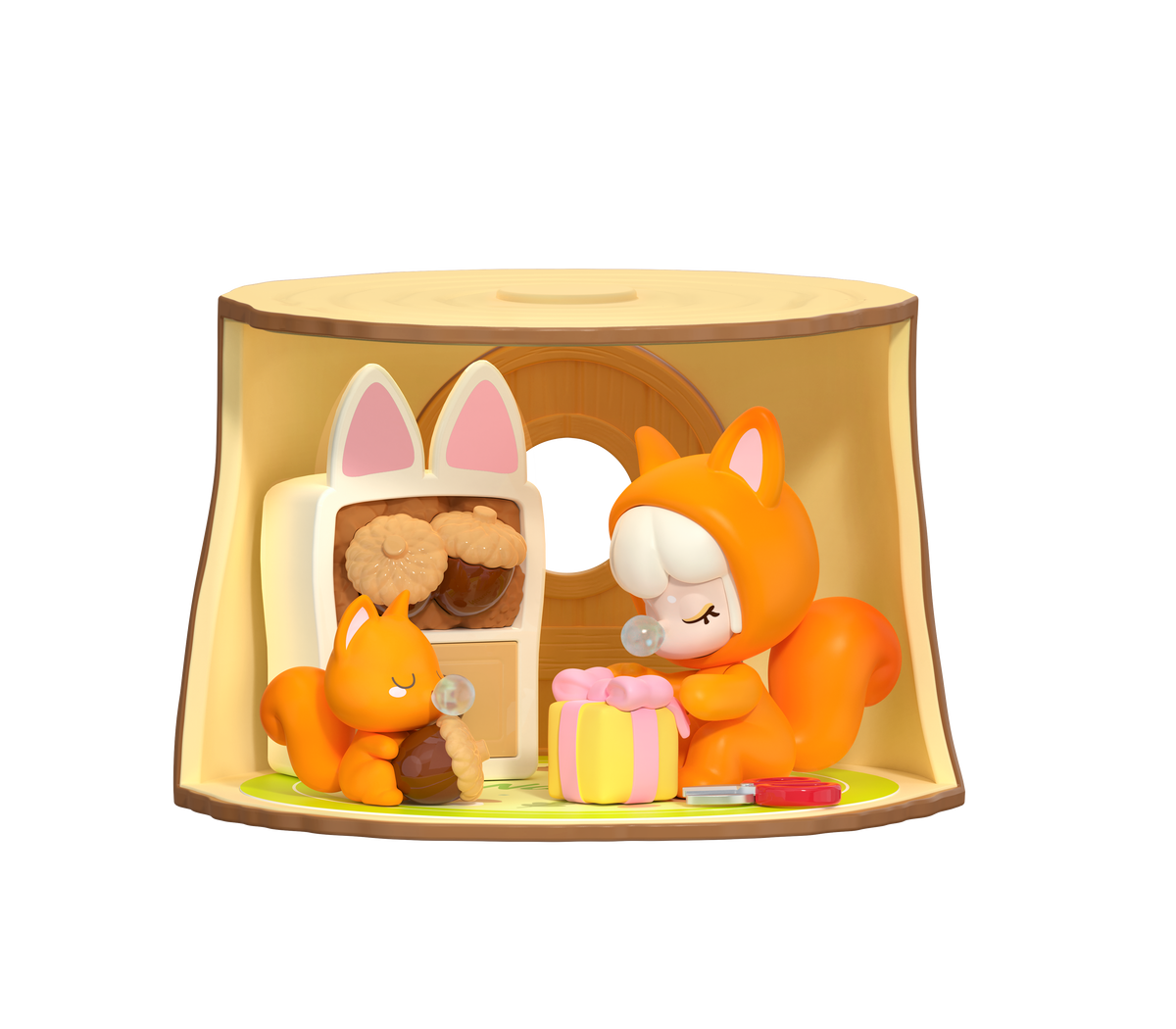 Squirrel-themed Rolife Nanci Tree House Party blind box figure in a tree-trunk room with mirror and wrapped gift