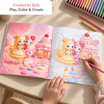 A child coloring Cookie and Nota beside the full-color Sweetland inspiration page.