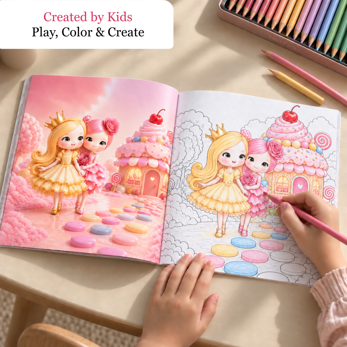 A child coloring Cookie and Nota beside the full-color Sweetland inspiration page.