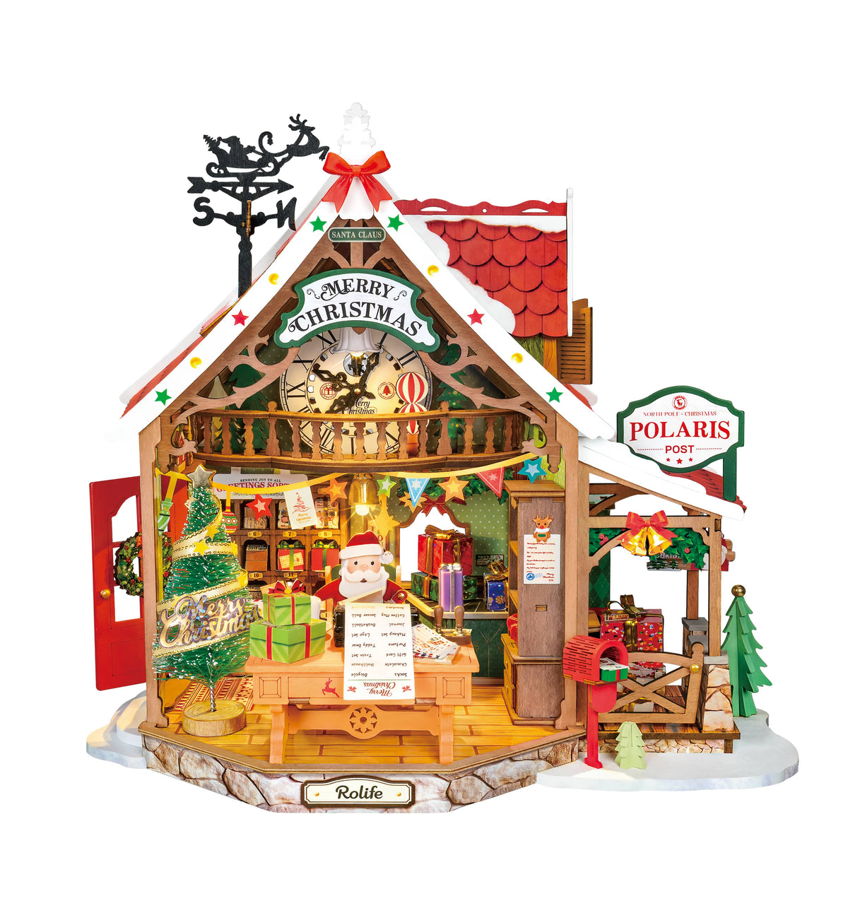 Front view of Rolife Reindeer Express DS059 miniature Christmas post office with reindeer weather vane and festive decorations