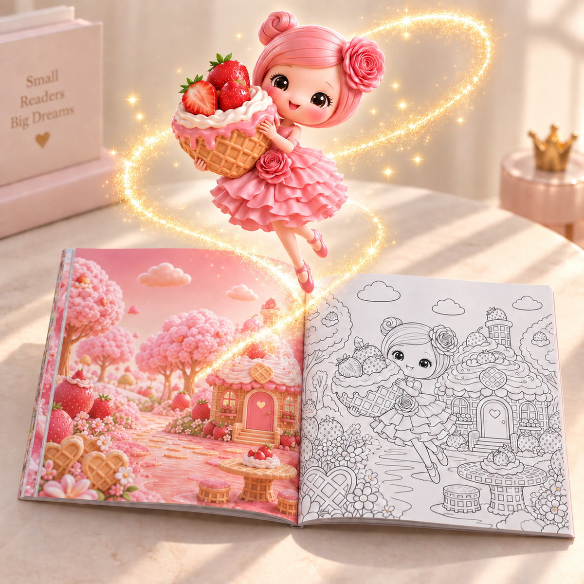 Nota holding a strawberry basket above a Sweetland full-color reference and matching coloring page.