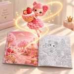 Nota holding a strawberry basket above a Sweetland full-color reference and matching coloring page.