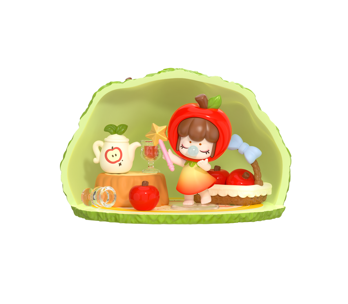 Apple-themed Rolife Nanci Tree House Party blind box figure in a leafy room with cake and apple decorations