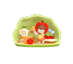 Apple-themed Rolife Nanci Tree House Party blind box figure in a leafy room with cake and apple decorations