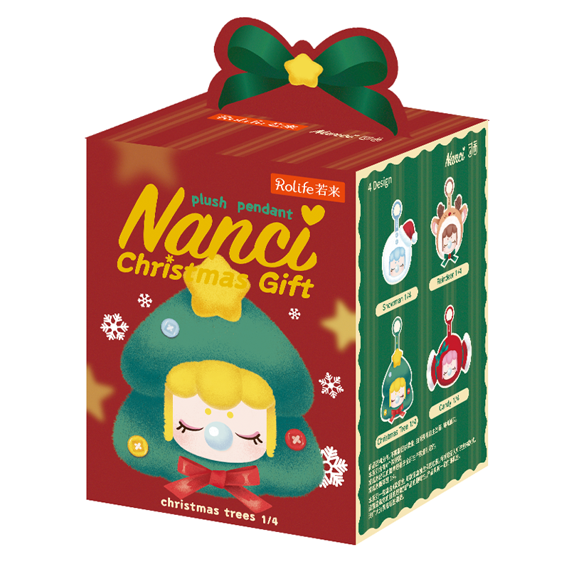 Individual Rolife Nanci's Christmas Gift PZC13 plush pendant box showing Christmas tree artwork and collection designs