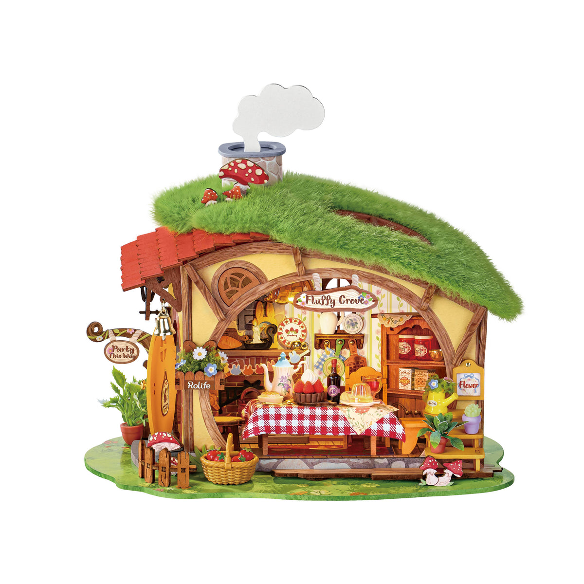 Rolife Fluffy Grove DG184 DIY miniature house with grass-covered roof, open cottage interior and checked tablecloth