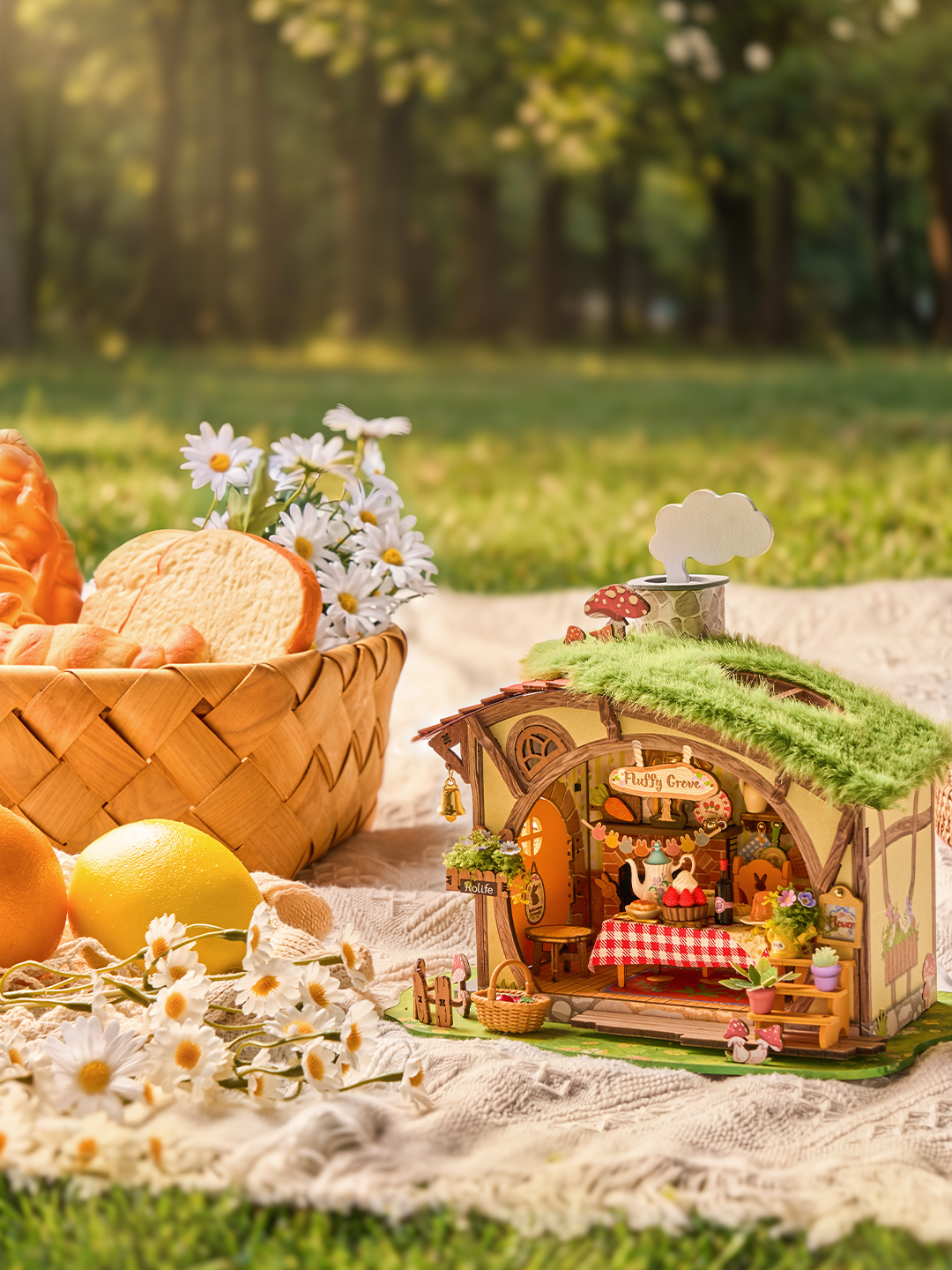 Rolife Fluffy Grove DG184 miniature cottage beside a picnic basket, bread and daisies on a blanket