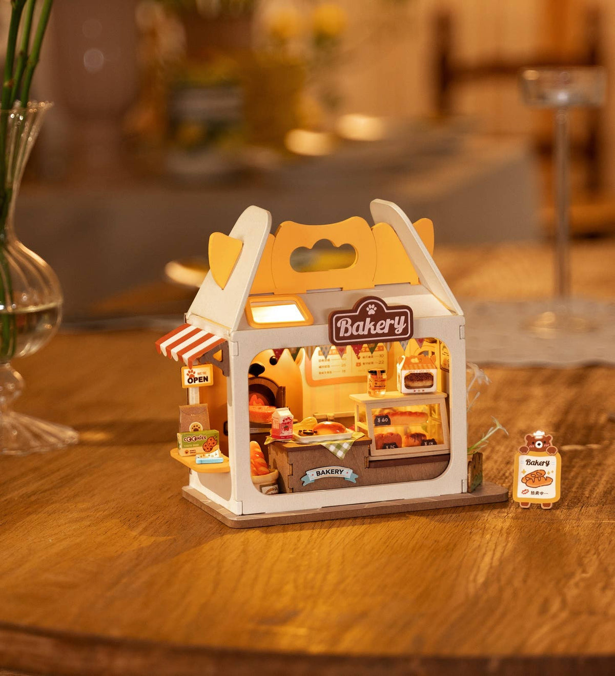 Completed Teddy’s Breadbox miniature bakery displayed on a wooden table.