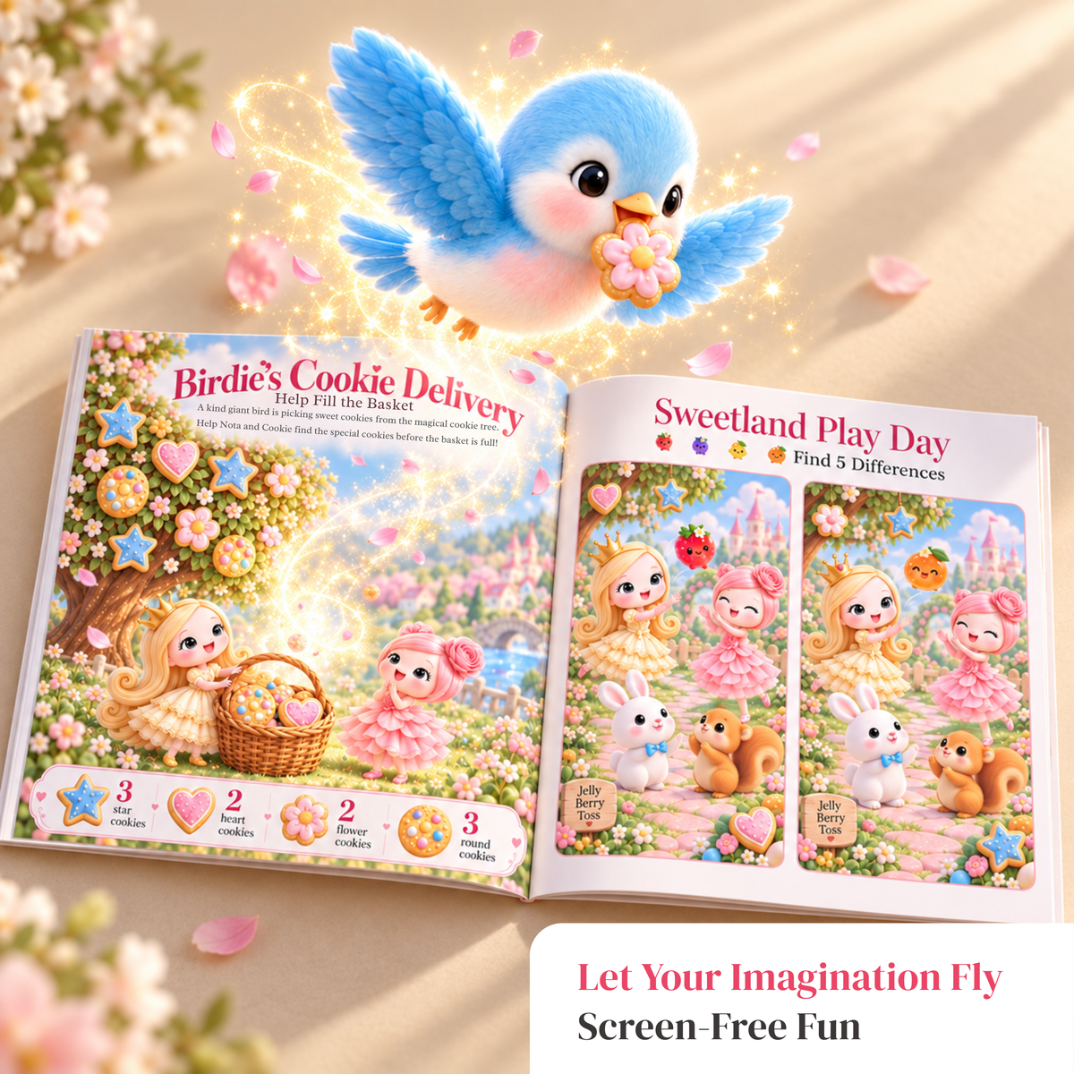 Birdie’s Cookie Delivery activity and Sweetland spot-the-difference puzzle in an open book.