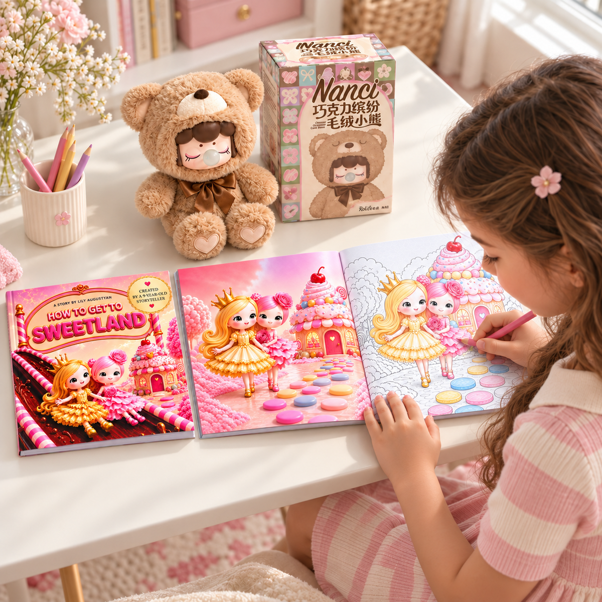 Girl coloring Sweetland beside the matching square storybook and an example Nanci bear. Bear design varies; coloring supplies are demonstration props.