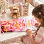 Girl coloring Sweetland beside the matching square storybook and an example Nanci bear. Bear design varies; coloring supplies are demonstration props.