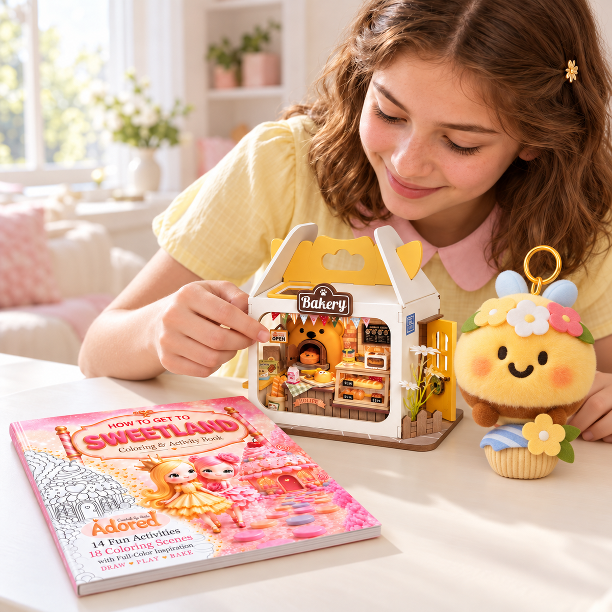 Teen girl interacting with Teddy’s Breadbox beside the Sweetland activity book and bee cupcake keychain. Kit shown assembled.