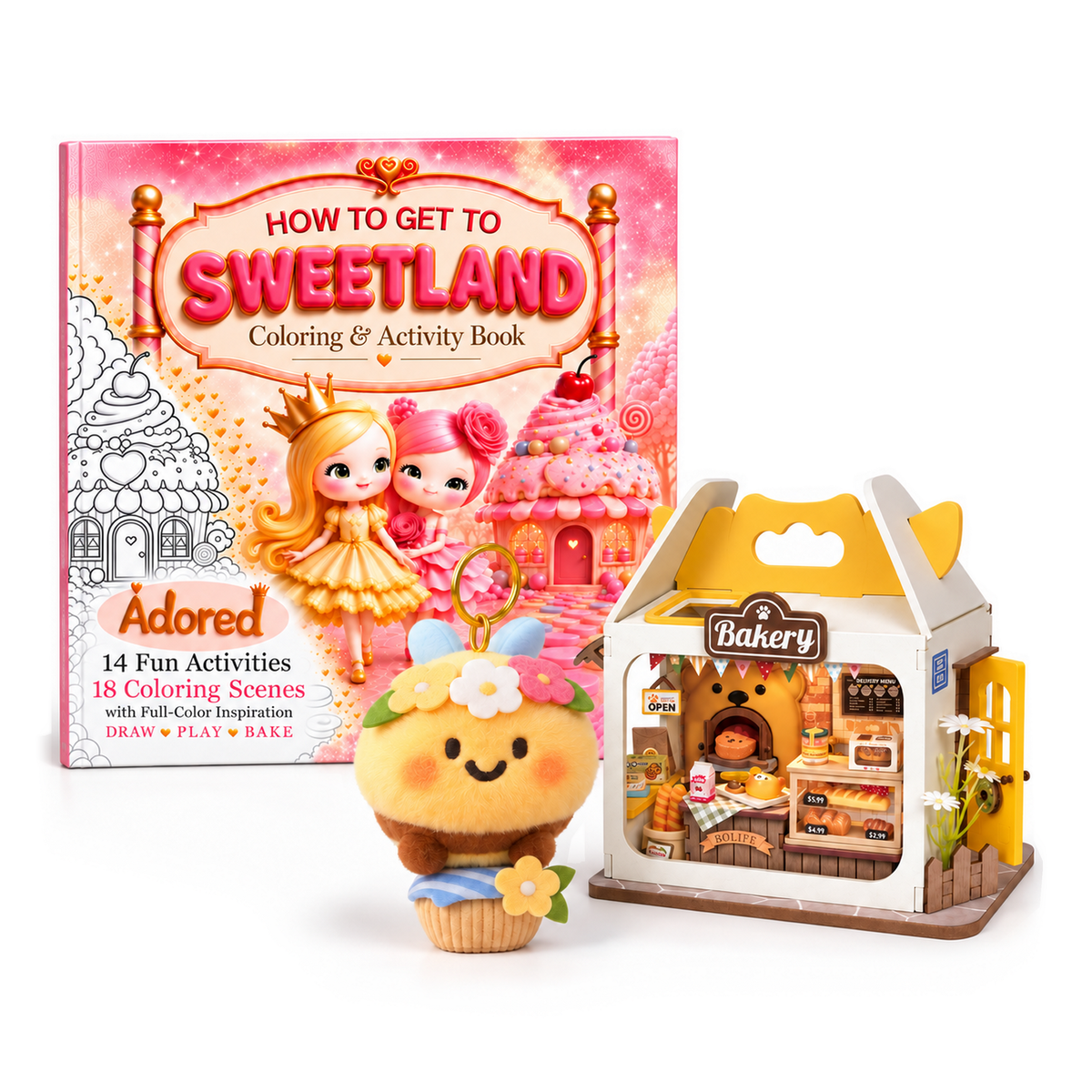 Sweetland square activity book, assembled Teddy’s Breadbox bakery and bee cupcake keychain on white.
