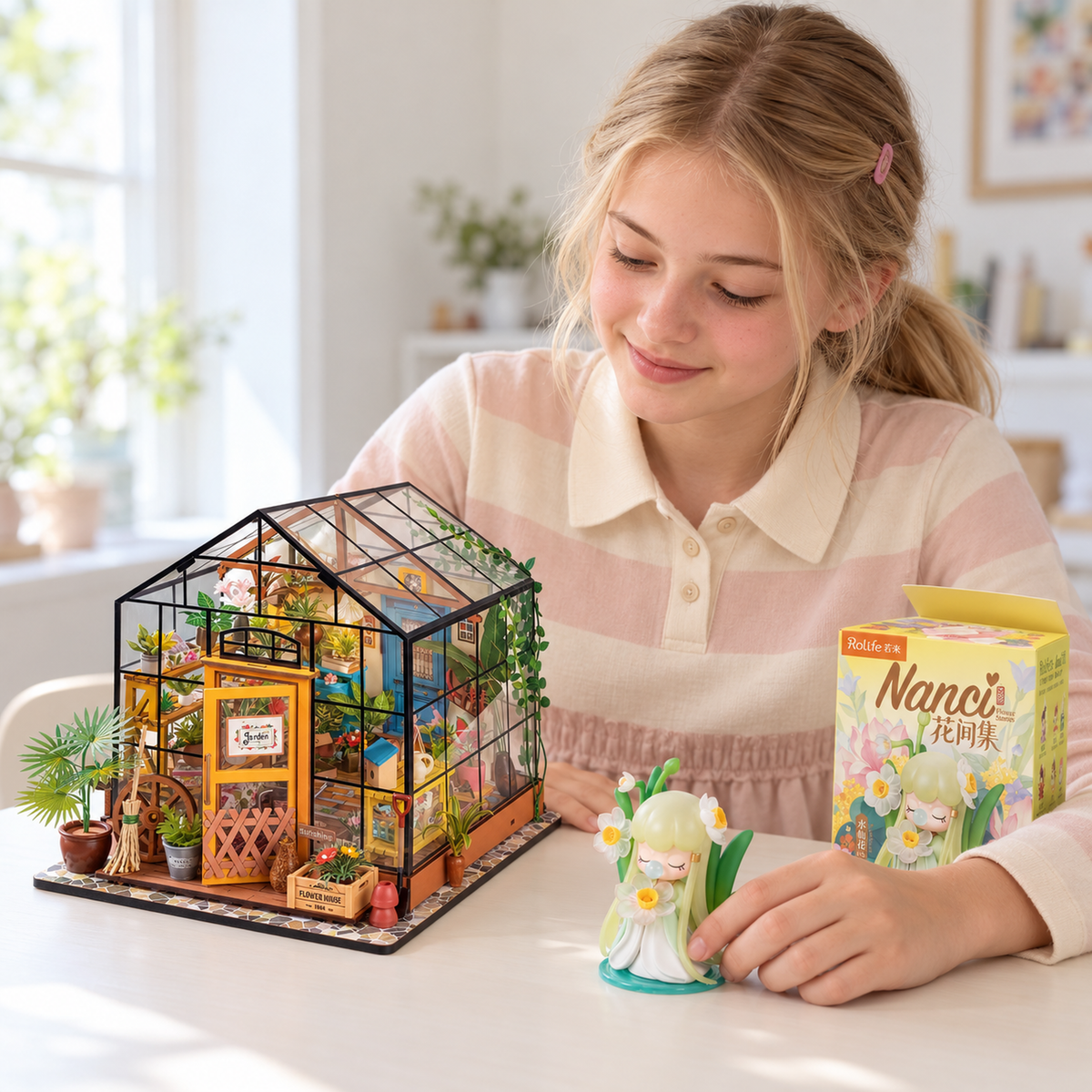 Teen girl placing an example Nanci Flower Stories figure beside the assembled Cathy Flower House. Figure design varies.