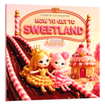 "How to Get to Sweetland?" children’s storybook cover with Cookie and Nota on a chocolate slide beside Cupcake House.