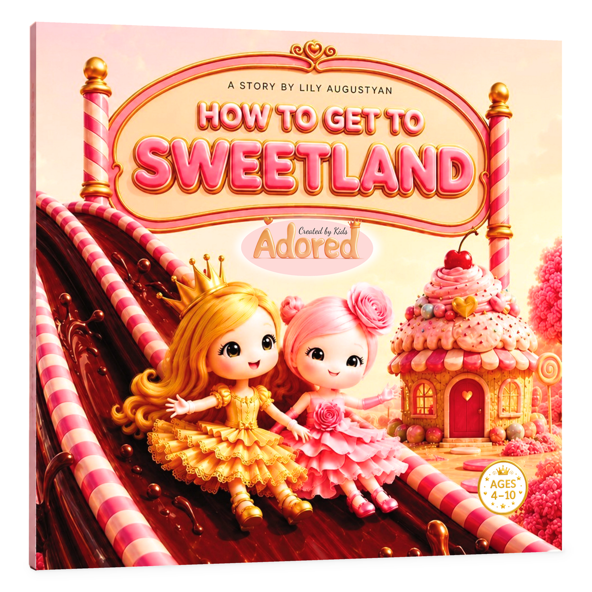 "How to Get to Sweetland?" children’s storybook cover with Cookie and Nota on a chocolate slide beside Cupcake House.