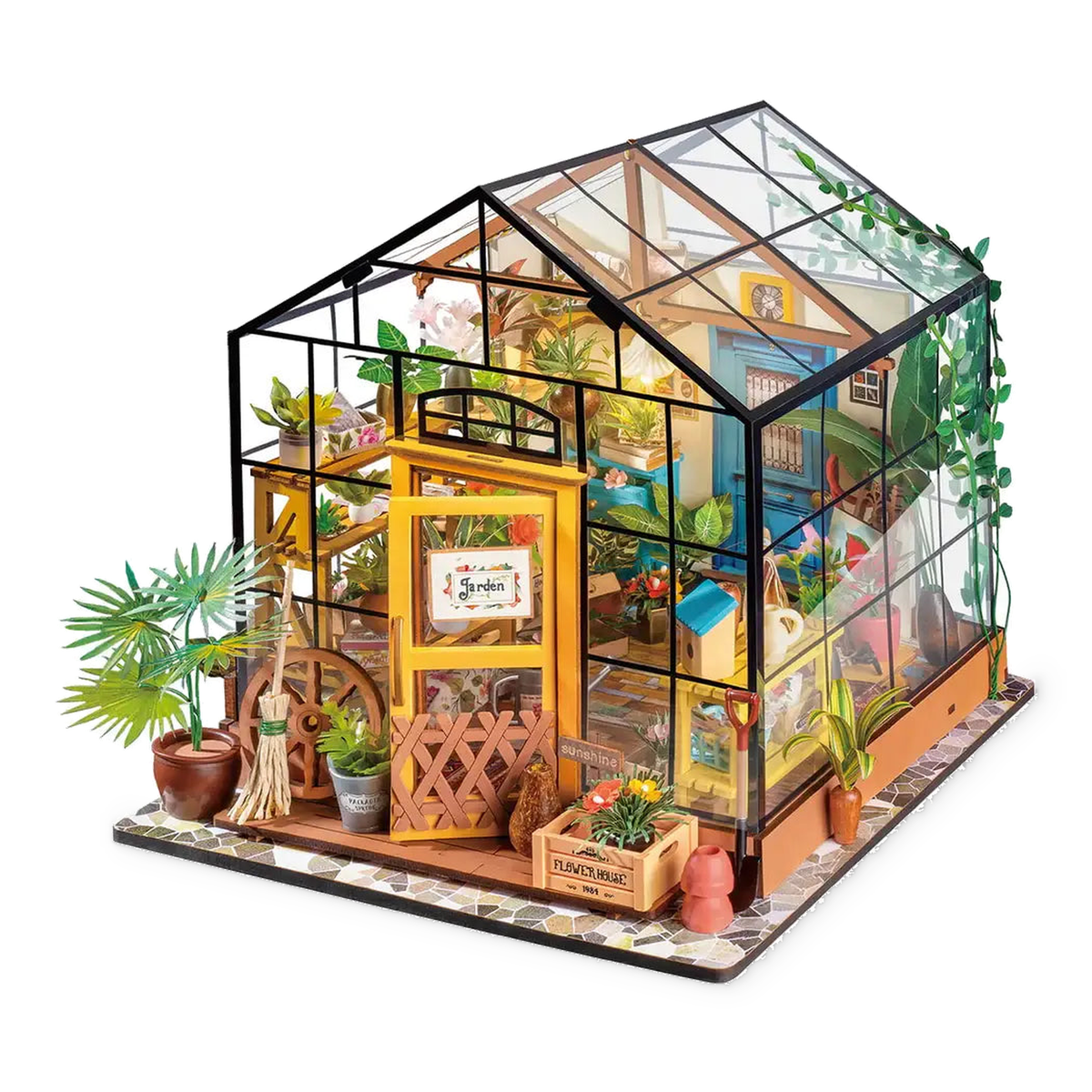 Rolife Cathy’s Flower House DIY miniature greenhouse with a yellow door, potted flowers and climbing greenery.