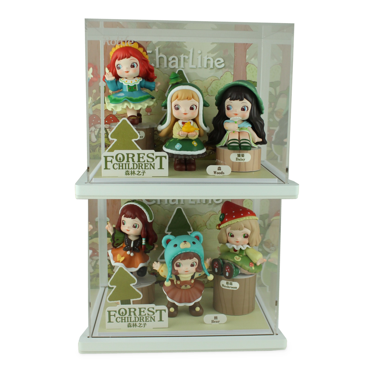 Six Rolife Charline Forest’s Children figures displayed in clear cases on a white background.