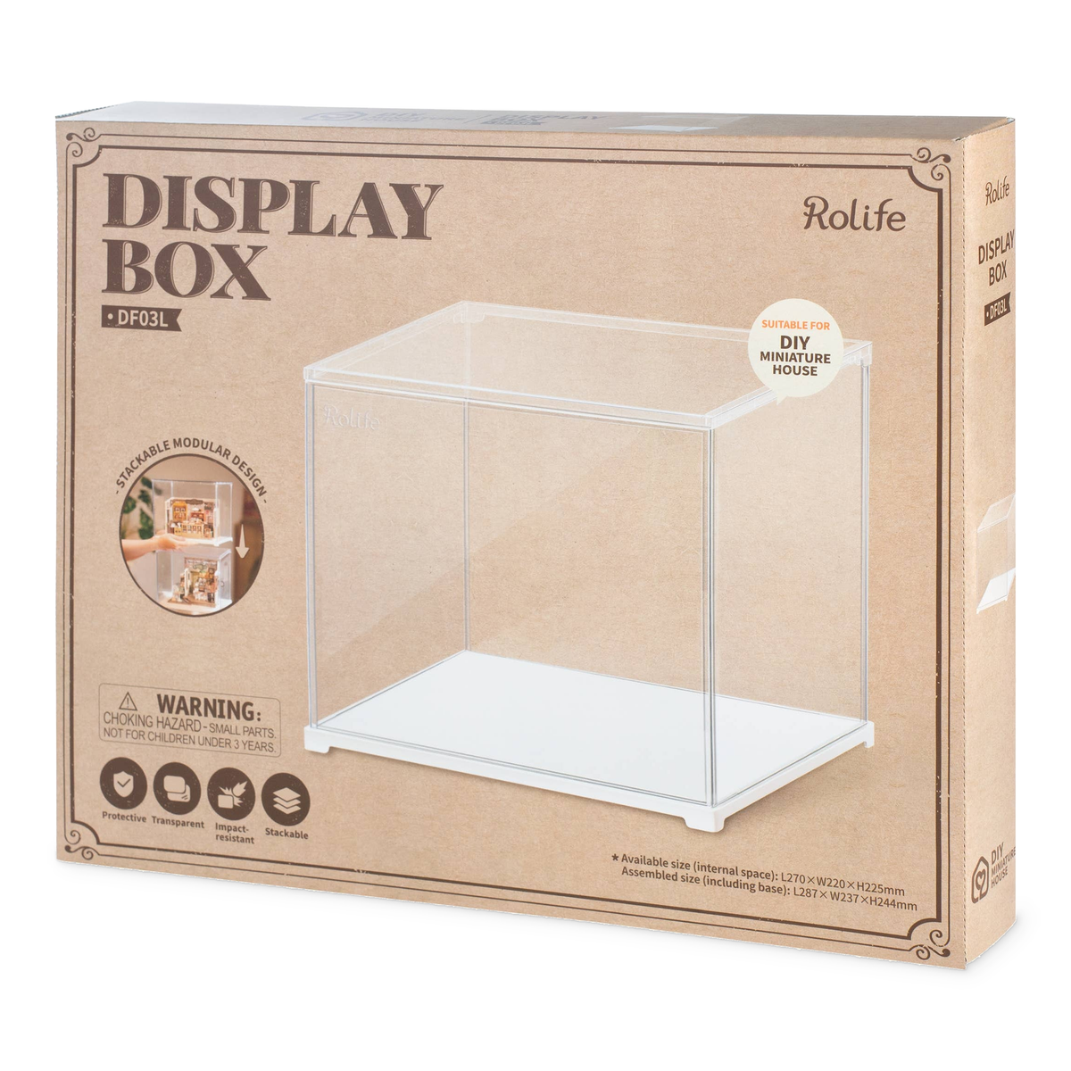 Rolife DF03L miniature house dust cover kit packaging showing a clear stackable display case.