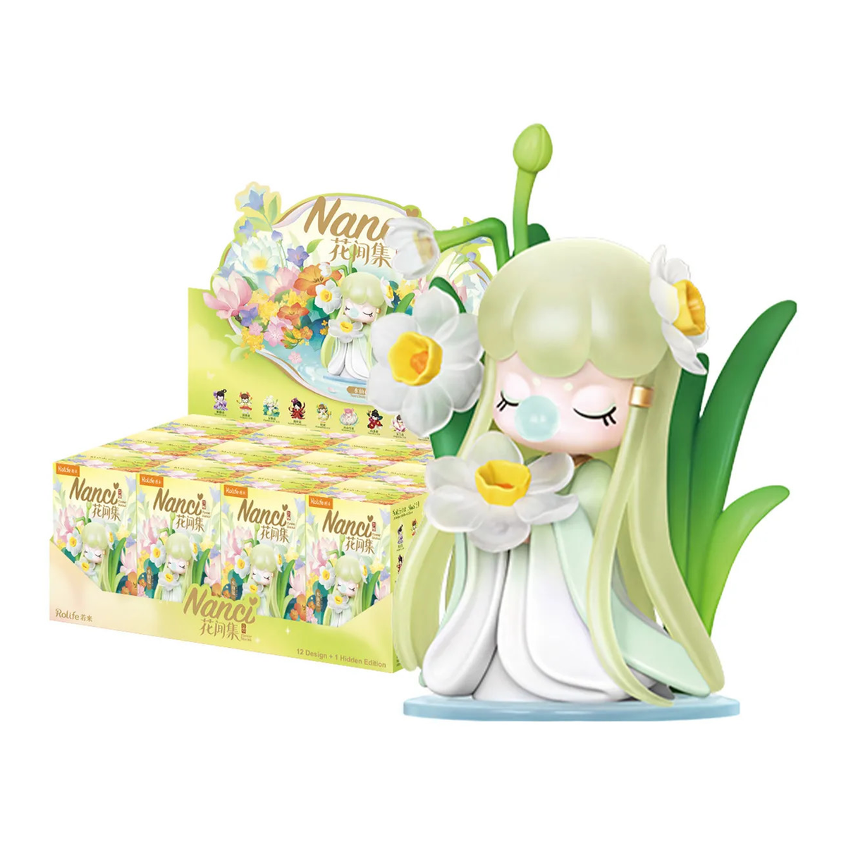 Rolife Nanci Flower Stories blind box beside a green-haired collectible figure on a white background.