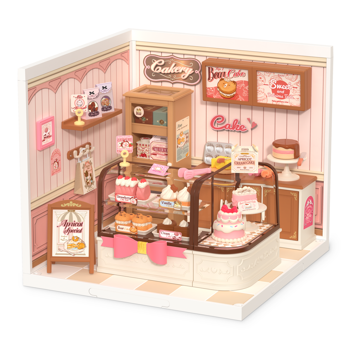 Rolife Tasty Cake Shop DIY miniature bakery with a curved cake display counter and pink walls.