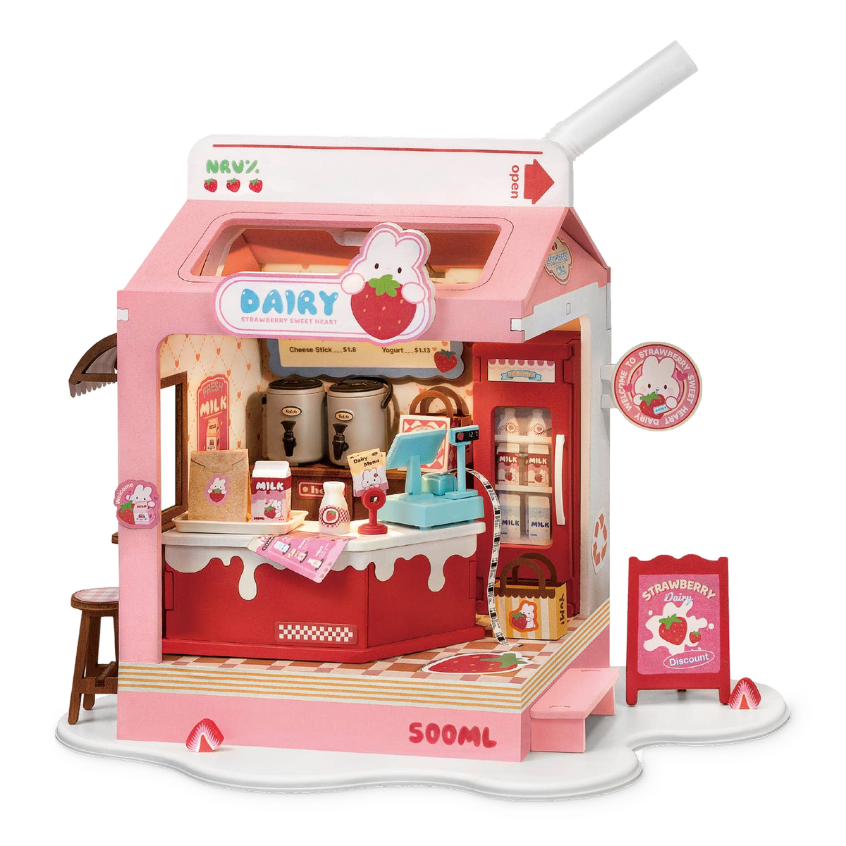 Rolife Strawberry Milk Box DIY miniature shop with a pink carton roof, white straw and red counter.