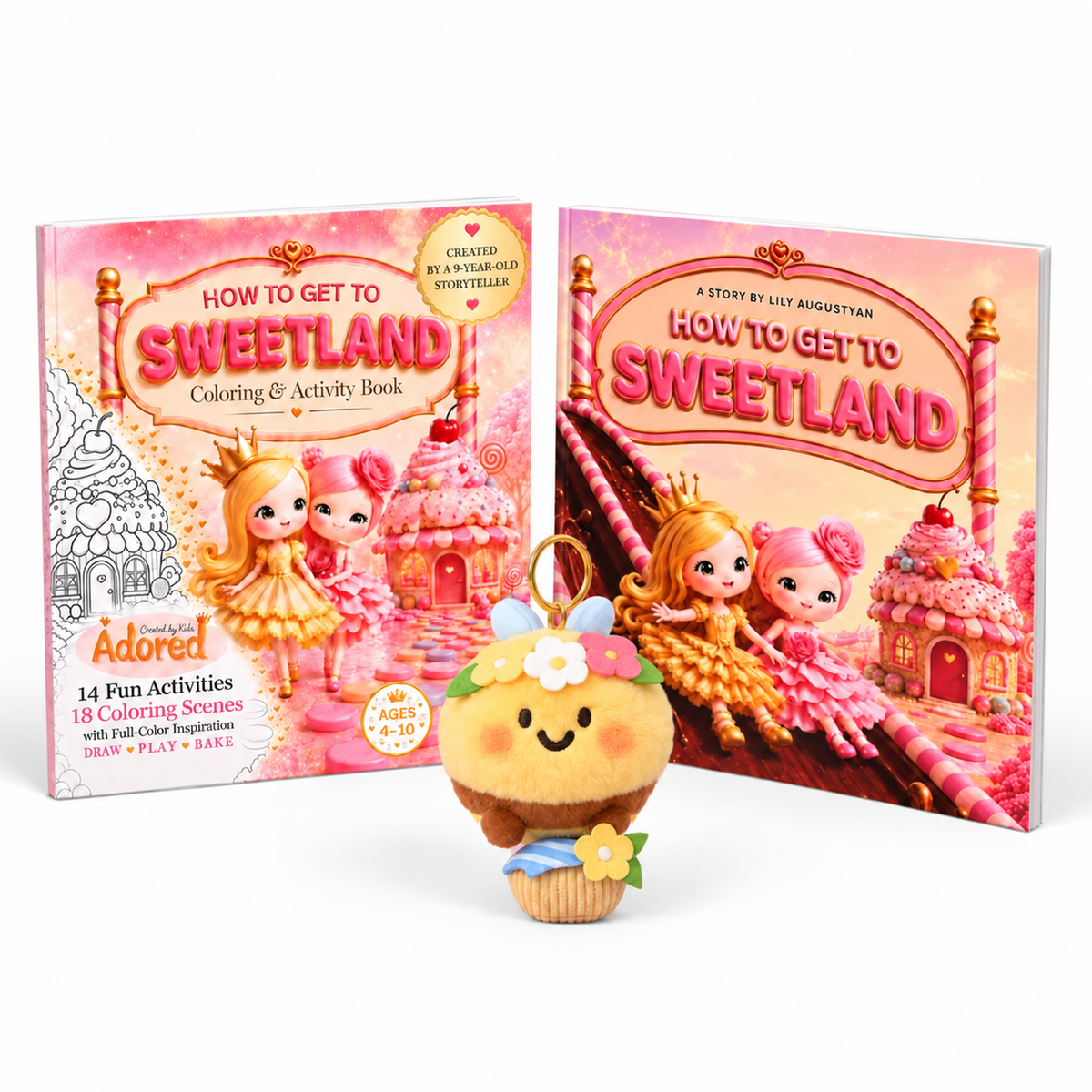 Sweetland gift set with the storybook, coloring and activity book, and plush bee keychain.