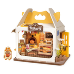 Rolife Teddy’s Breadbox DIY miniature bakery with a yellow roof, bear-shaped oven and tiny bread display.