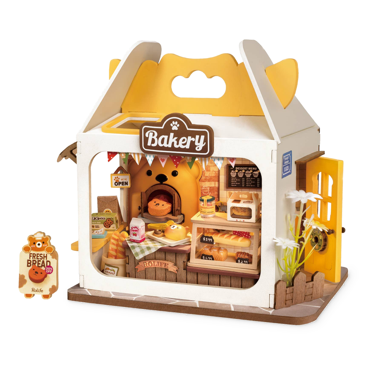 Rolife Teddy’s Breadbox DIY miniature bakery with a yellow roof, bear-shaped oven and tiny bread display.