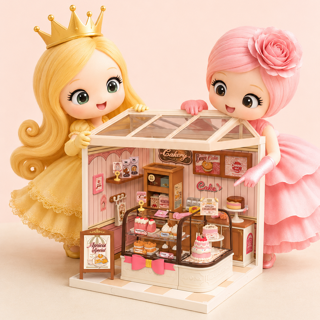 Cookie and Nota character illustration with a pink miniature cake shop and transparent roof.