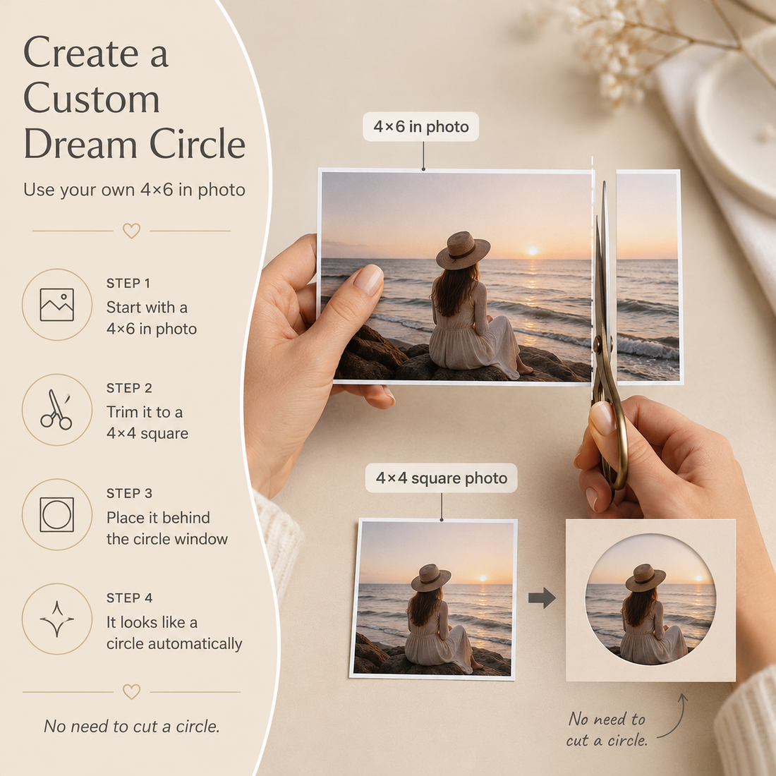 Guide to personalizing the mirrored vision board with a 4 x 6-inch photo trimmed to fit a Dream Circle.