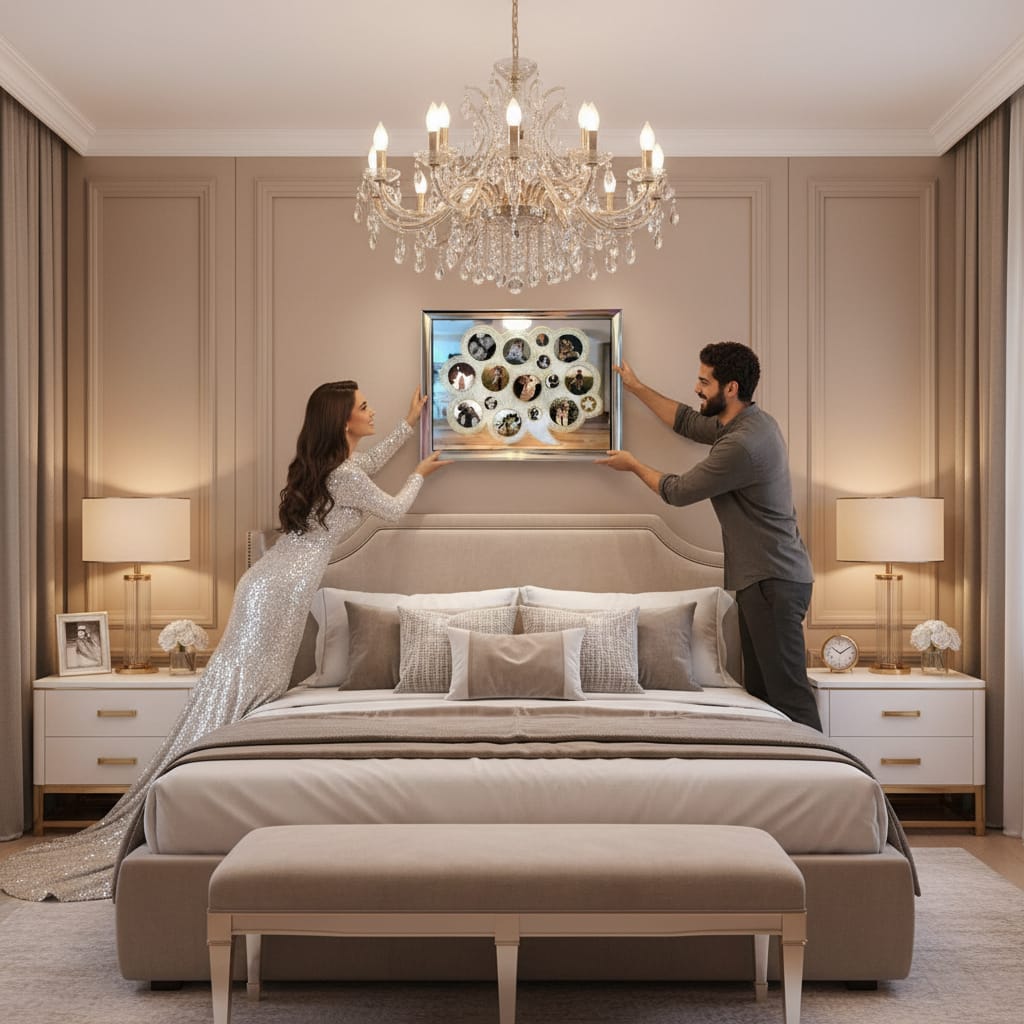 Man and woman in a bedroom with a large bed and chandelier.