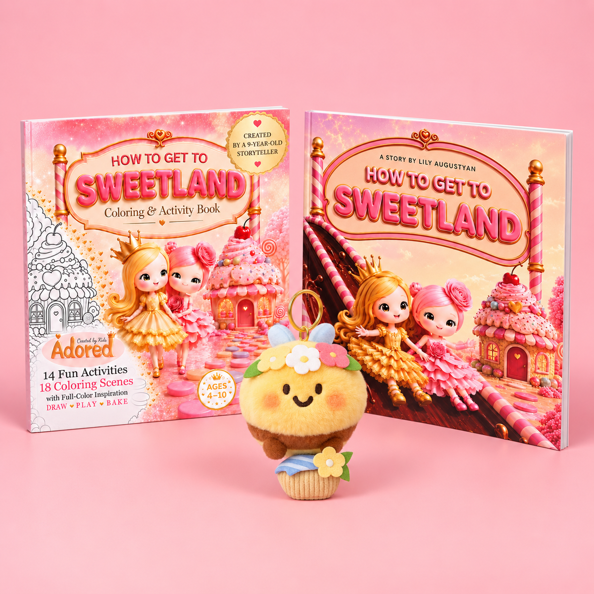 Sweetland gift set with the storybook, coloring and activity book, and plush bee keychain.