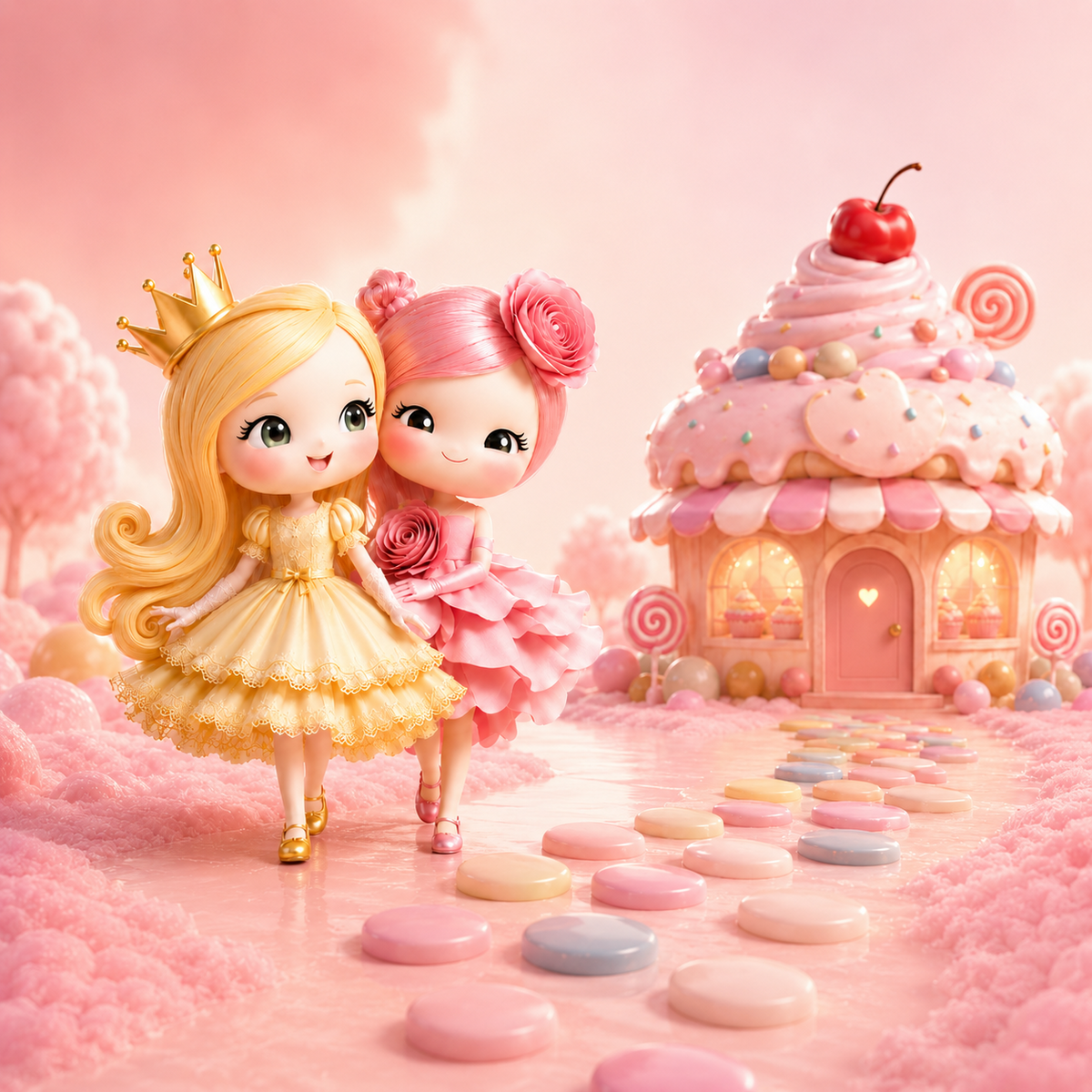 Cookie and Nota beside their Sweetland cupcake house