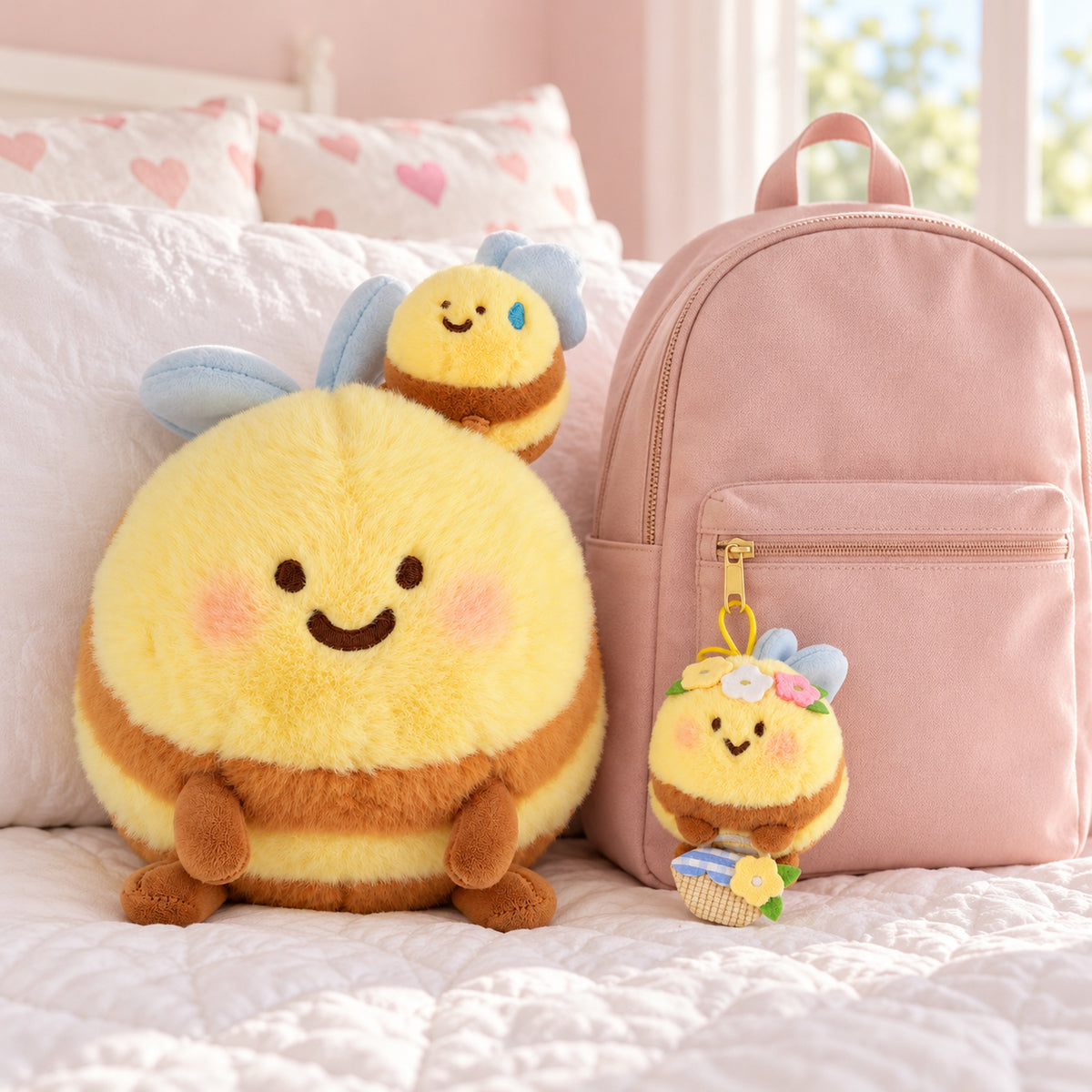 Large Hugging Bees plush on a white bed beside a pink backpack with the flower bee keychain attached.