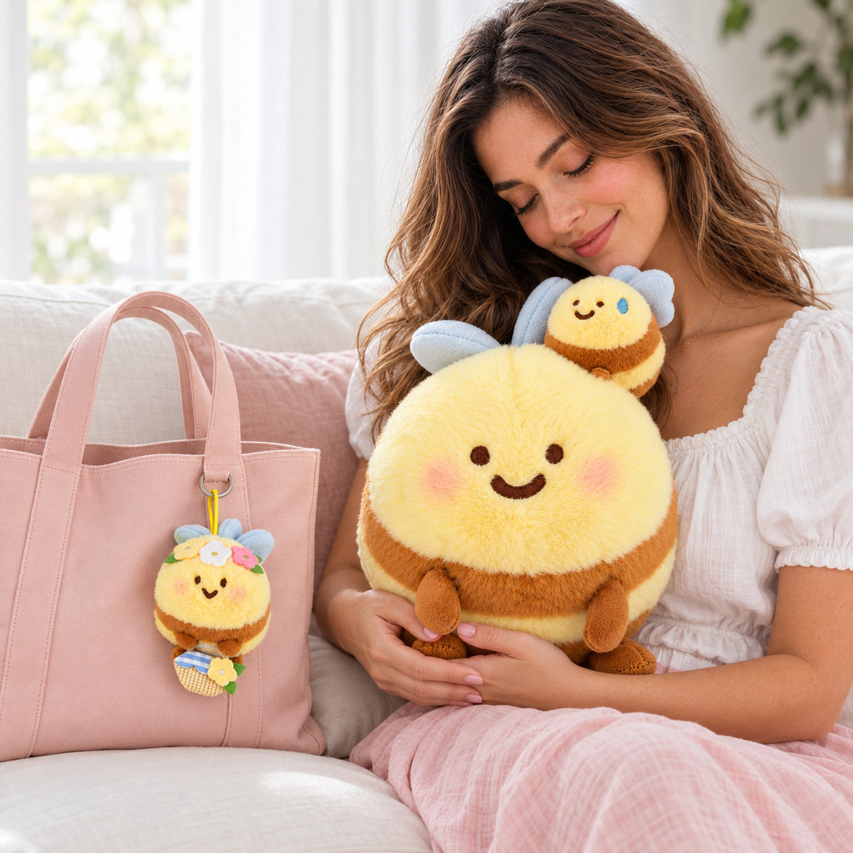 Woman cuddling the large Hugging Bees plush on a white sofa, with the flower bee keychain attached to a pink tote bag.