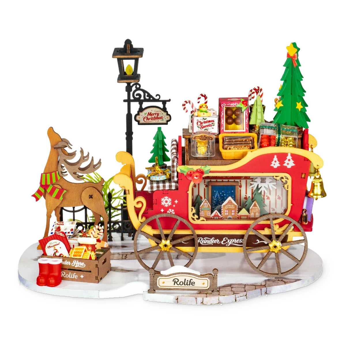 Rolife Reindeer Express DS059 miniature red-and-gold sleigh with reindeer, gifts, Christmas tree and decorative lamp post on a white background