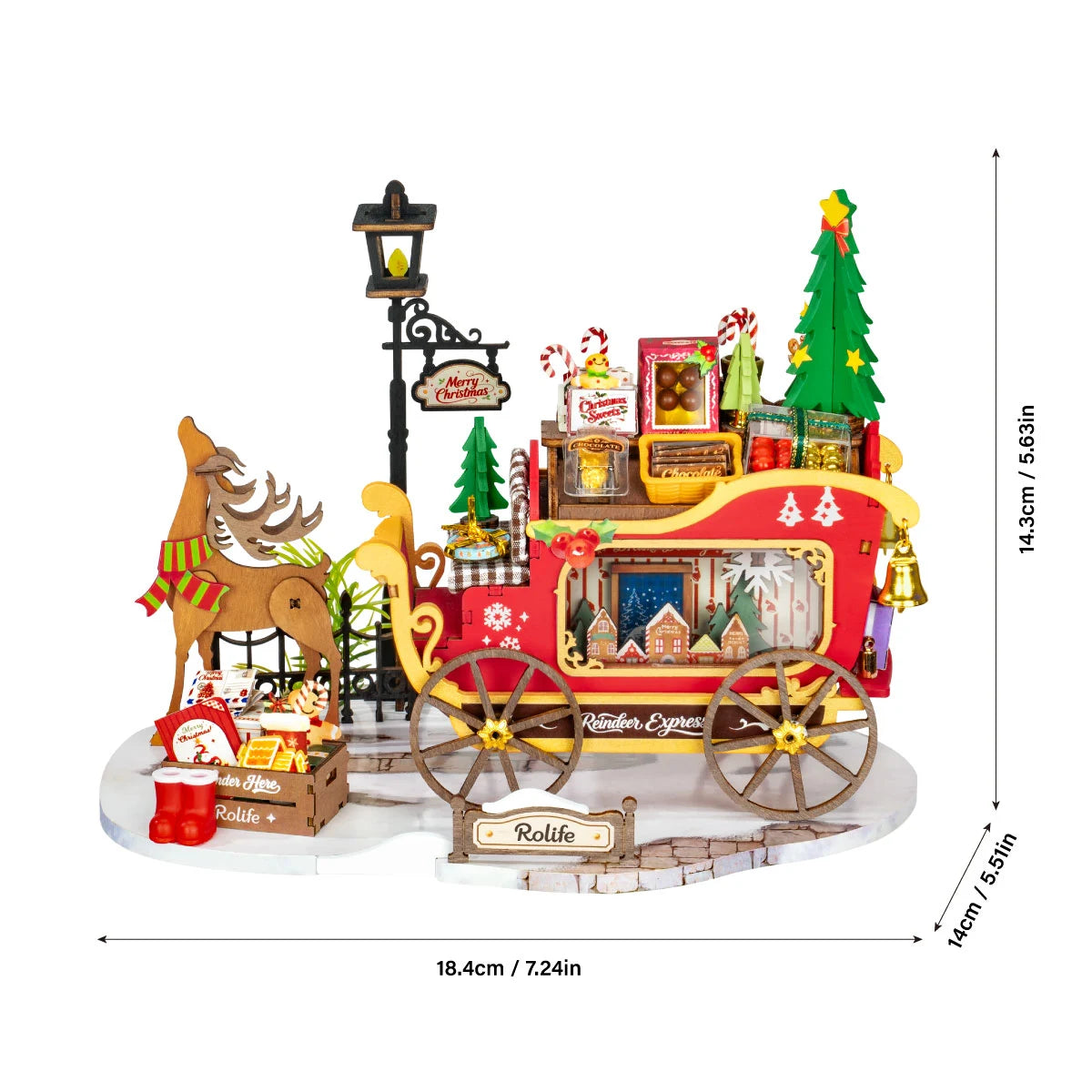 Rolife Reindeer Express DS059 finished dimensions: 18.4 cm wide, 14 cm deep and 14.3 cm high