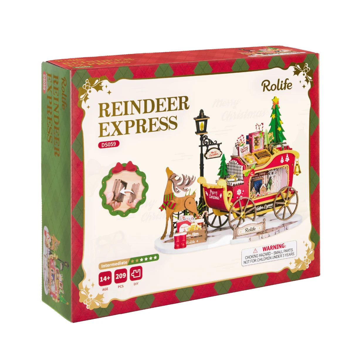 Front of the Rolife Reindeer Express DS059 kit box showing the reindeer-and-sleigh scene