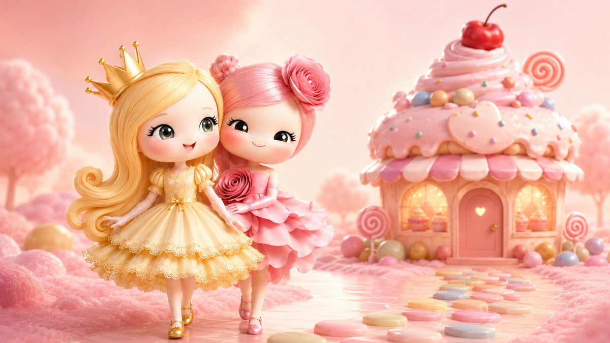 Cookie and Nota walking together beside their Cupcake House in Sweetland