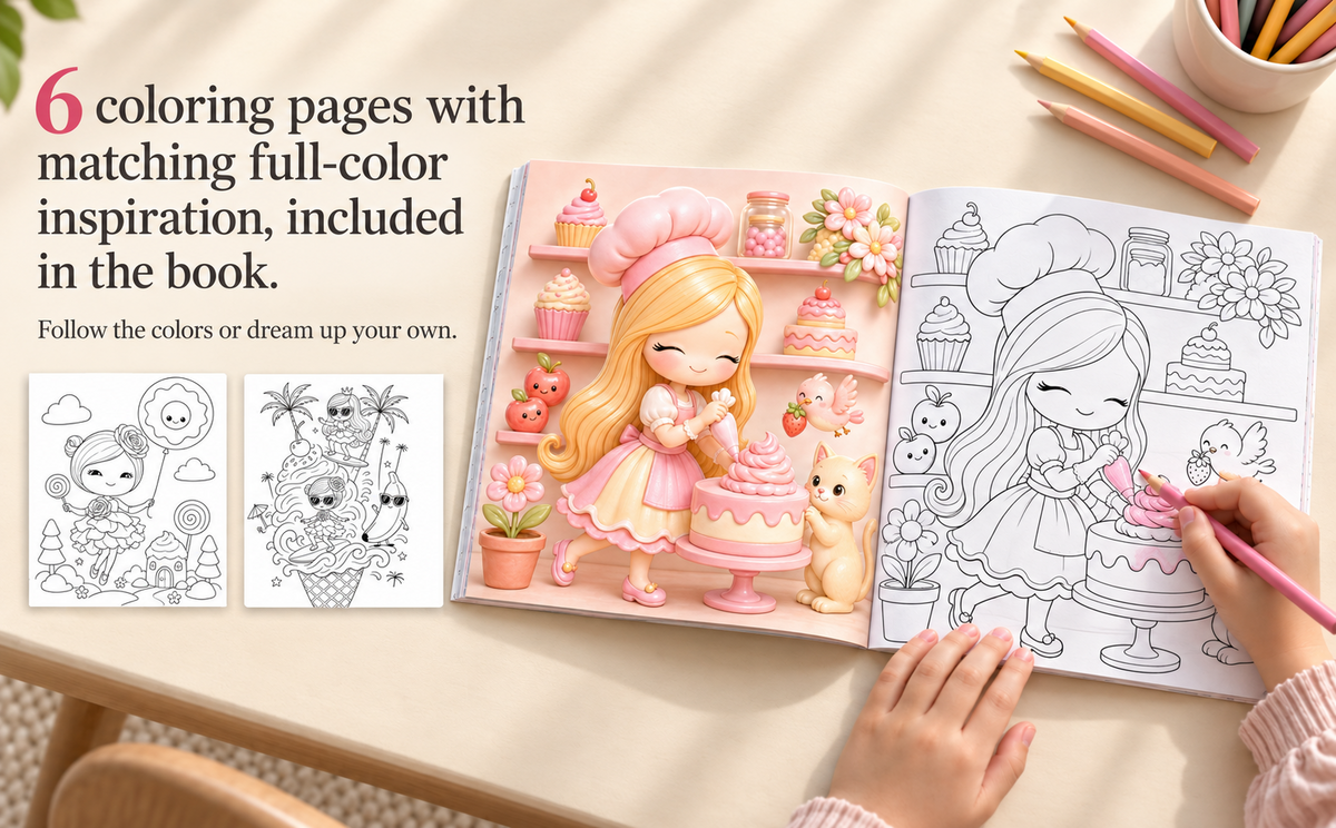 Six coloring pages with matching full-color inspiration included in the Sweetland storybook.