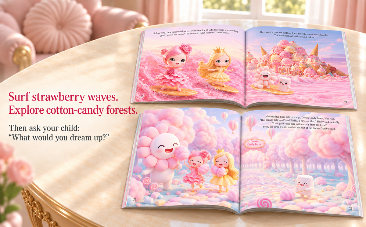 Open Sweetland storybook showing strawberry waves and cotton-candy forest illustrations.