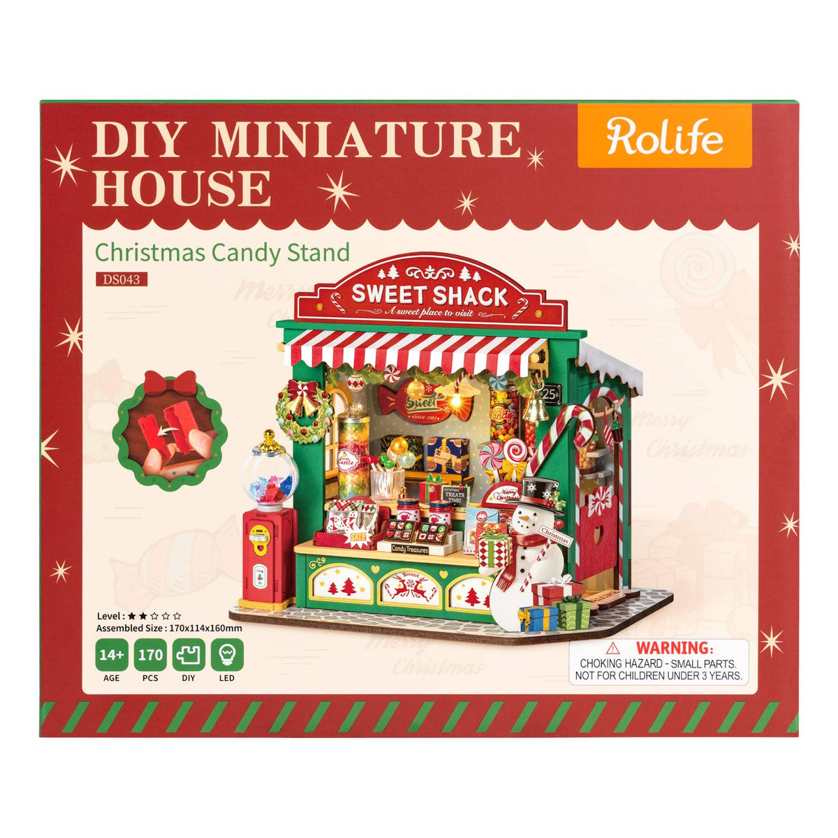 Front of the Rolife Christmas Candy Stand DS043 miniature house kit box showing the festive sweet shop