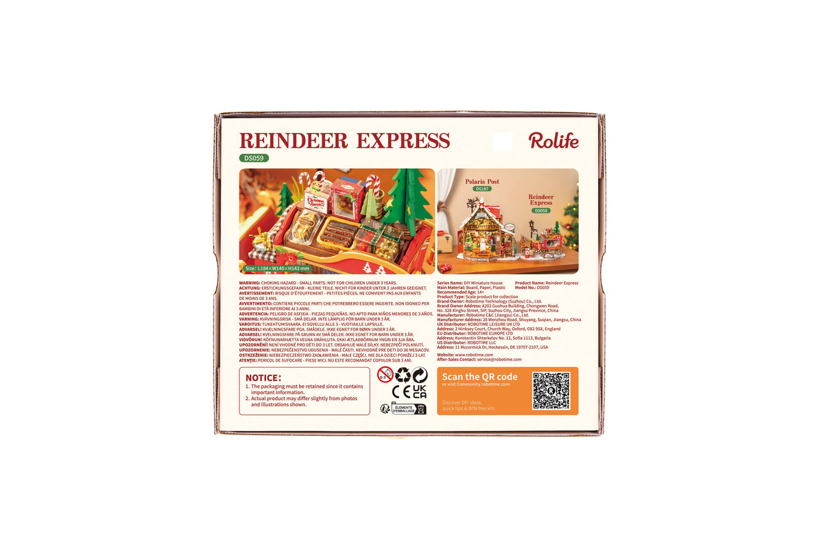 Back of the Rolife Reindeer Express DS059 miniature house kit box with detail photos and product information