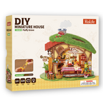 Front of the Rolife Fluffy Grove DG184 DIY miniature house kit box showing the grass-roof cottage