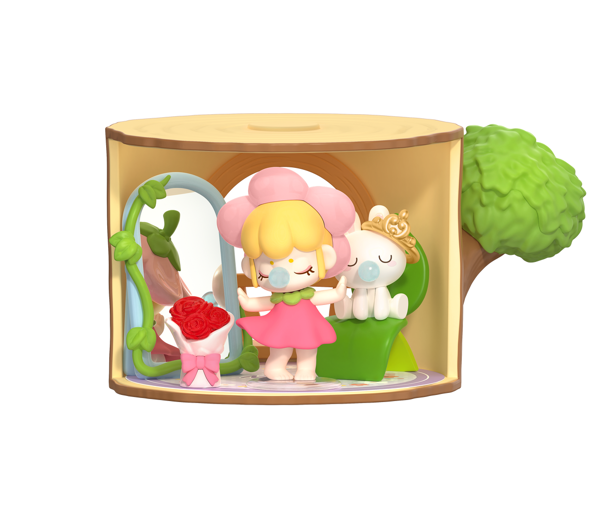 Pink-dressed Rolife Nanci Tree House Party blind box figure with mirror, roses and a white animal companion
