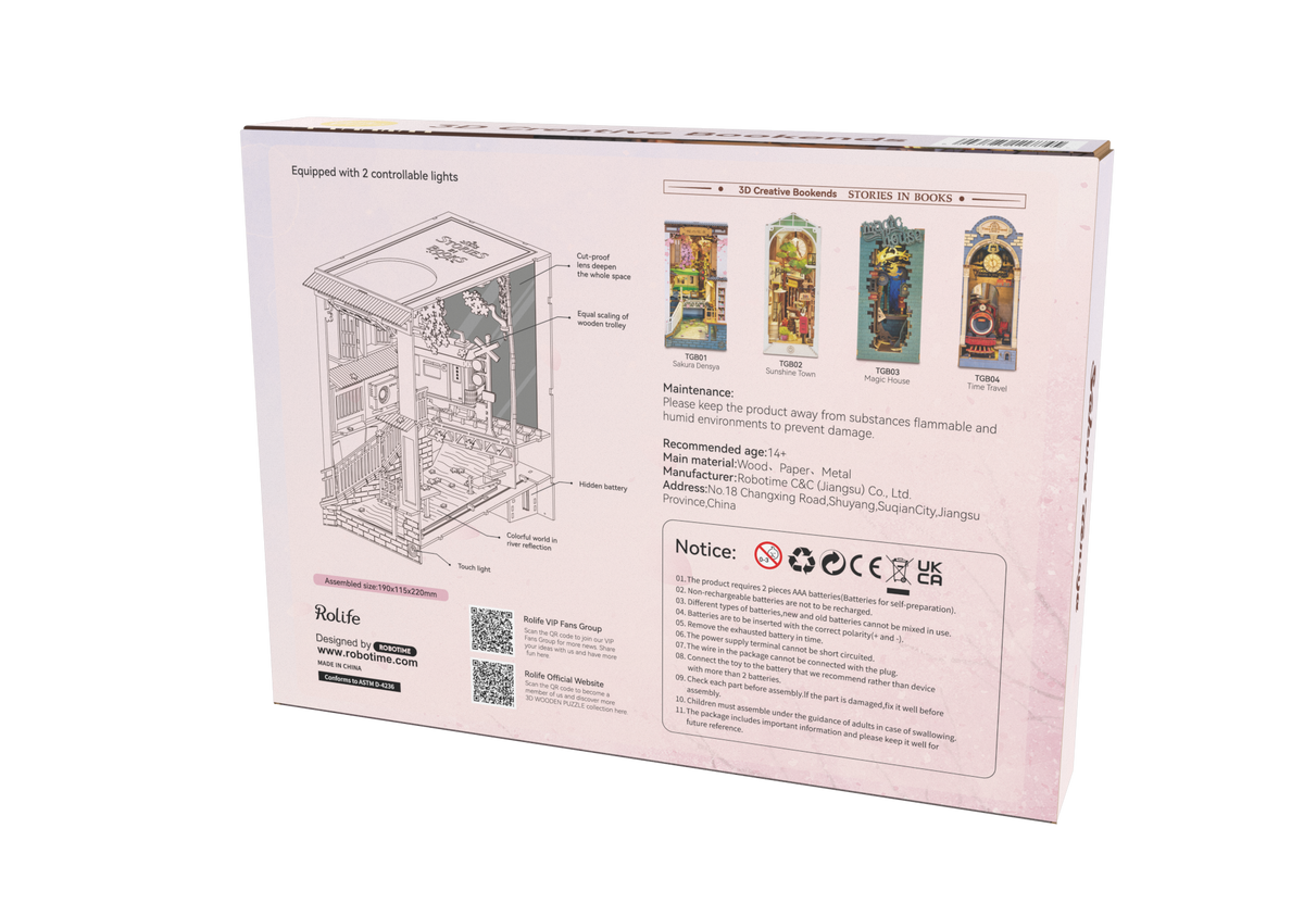 Back of the Rolife Sakura Densya TGB01 book nook kit box with model diagram and product information