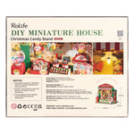 Back of the Rolife Christmas Candy Stand DS043 kit box with candy shop details, dimensions and safety information